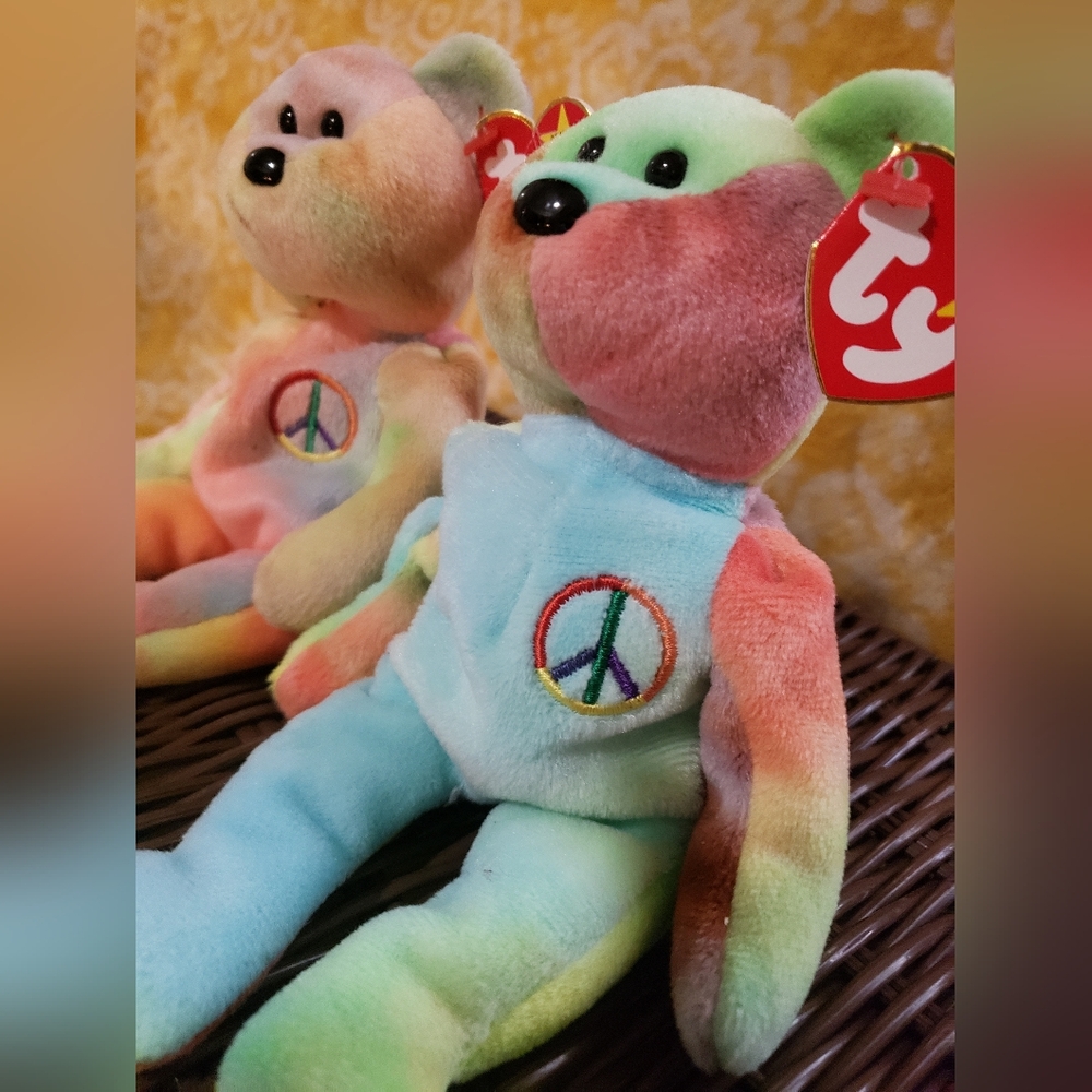 🧸 RARE Ty Beanie Baby PEACE Bears SET (2) - Tie Dye VINTAGE 1996 w/Tags! PEACE! - Picture 8 of 11